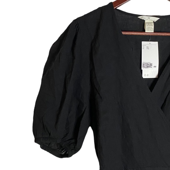 H&M Black True Wrap Dress Pleated Skirt Puff Sleeves Plus Size XXL - Picture 7 of 16